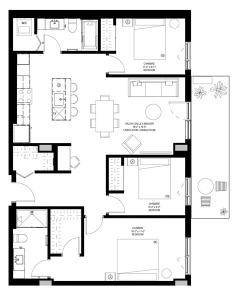 Floor plan for 3 beds, 2 baths, 1222 sqft